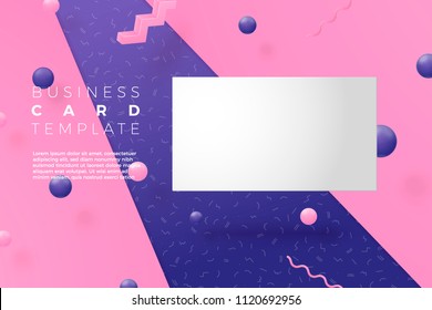 Vector 3d realistic business card abstract scene with violet, pink and white balls and objects.
