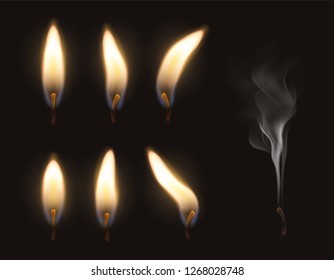 Vector 3d realistic candle fire flame set  burning and extinguished with smoke