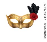 Vector 3d Realistic Carnival Face Mask, Rose, Feather. Golden Mask for Party, Black Feathers, Red Rose. Masquerade Closeup. Design Template of Mask. Carnival, Party, Secret, Hero, Stranger Concept