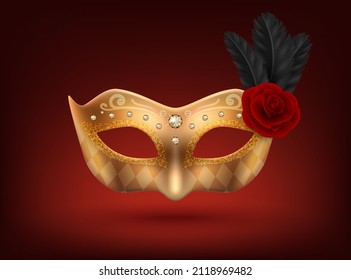 Vector 3d Realistic Carnival Face Mask, Rose, Feather. Golden Mask for Party, Black Feathers, Red Rose. Masquerade Closeup. Design Template of Mask. Carnival, Party, Secret, Hero, Stranger Concept