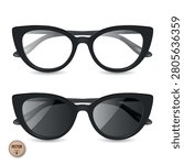 Vector 3d Realistic Cat Eye Glasses and Sunglasses. Black Eyeglasses Frame. Cat Eye Sunglasses with Dark Lenses. Fashion Eyewear Illustration. Optical Shop, Beauty, Style, Accessory, Modern Design