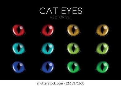 Vector 3d Realistic Cat s Eye of a Black Cat. Red, Yellow, Blue, Green Cat Eyes on Black Set. Cat Look in the Dark Closeup