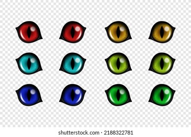 Vector 3d Realistic Cat s Eye Set Isolated. Red, Yellow, Blue, Green Cat Eyes Closeup