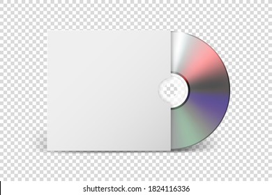 Vector 3d Realistic CD, DVD With Paper Cover Box Closeup Isolated On Transparent Background. Design Template For Mockup. CD Packaging Copy Space. Front View