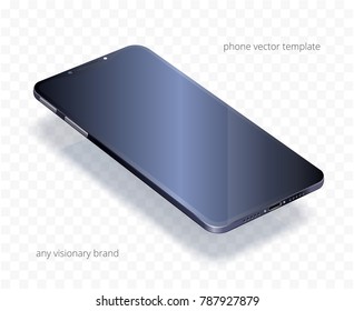 Vector 3d realistic cell phone. Black glossy template of any smartphone with a blank display. Visionary modern device is in perspective view. Dark floating mock up for presentations of mobile apps.