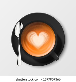 Vector 3d Realistic Ceramic Black Coffee Mug, Cup, Saucer and Teaspoon Isolated on White Background. Milk Coffee, Foam, Heart Pattern. Espresso, Capuccino, Latte. Design Template. Top View