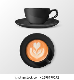 Vector 3d Realistic Ceramic Black Coffee Mug, Cup with Saucer Isolated on White Background. Milk Coffee, Foam, Flower, Heart Pattern. Espresso, Capuccino, Latte. Design Template. Top View