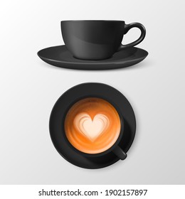 Vector 3d Realistic Ceramic Black Coffee Mug, Cup with Saucer Isolated on White Background. Milk Coffee, Foam, Heart Pattern. Espresso, Capuccino, Latte. Design Template. Top View