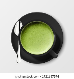 Vector 3d Realistic Ceramic Black Porcelain Ceramic Coffee Mug, Cup, Saucer and Teaspoon Isolated on White Background. Green Milk Foam Matcha. Design Template. Top View