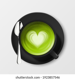 Vector 3d Realistic Ceramic Black Porcelain Ceramic Coffee Mug, Cup, Saucer and Teaspoon Isolated on White Background. Green Milk Foam Matcha, Heart Pattern. Design Template. Top View