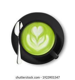 Vector 3d Realistic Ceramic Black Porcelain Ceramic Coffee Mug, Cup, Saucer and Teaspoon Isolated on White Background. Green Milk Foam Matcha, Flower, Heart Pattern. Design Template. Top View