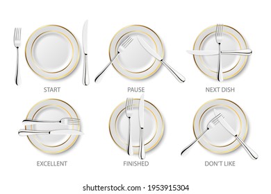 Vector 3d Realistic Ceramic, Porcelain White Plate with Golden Strip Set Isolated on White Background. Dining Etiquette. Forks and Knifes Signals. Top View