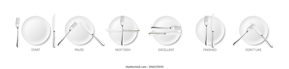 Vector 3d Realistic Ceramic, Porcelain White Plate Set Isolated on White Background. Dining Etiquette. Forks and Knifes Signals. Top View