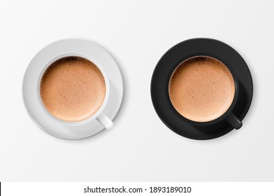 Vector 3d Realistic Ceramic White and Black Coffee Mug, Cup and Saucer Isolated. Milk Coffee, Foam. Espresso, Capuccino, Latte. Vector Illustration. Design Template. Top View