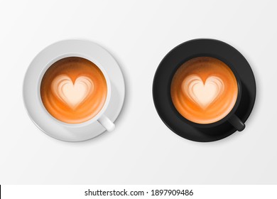 Vector 3d Realistic Ceramic White and Black Coffee Mug, Cup, Saucer Isolated on White Background. Milk Coffee, Foam, Heart Pattern. Espresso, Capuccino, Latte. Design Template. Top View