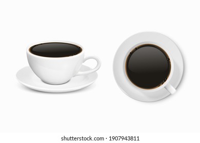 Vector 3d Realistic Ceramic White Coffee Mug, Cup Isolated on White Background. Black Coffee. Espresso, Mocha. Design Template. Front and Top View