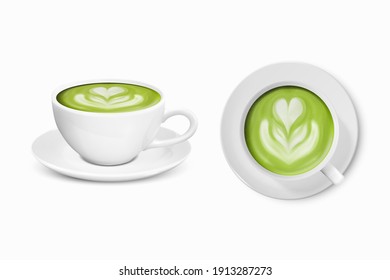 Vector 3d Realistic Ceramic White Coffee Mug, Cup and Saucer Isolated on White Background. Green Milk Matcha, Foam Flower, Heart Pattern. Design Template. Front and Top View