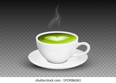 Vector 3d Realistic Ceramic White Coffee Mug, Cup, Saucer and Steam Smoke Closeup Isolated on Transparent Background. Green Milk Matcha, Foam Heart, Flower Pattern. Design Template. Front View