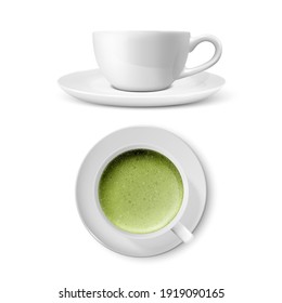 Vector 3d Cerámica Realista de Café Blanco Porcelana Cerámica Mug, Taza y Saucer Aislados sobre fondo blanco. Matcha de espuma de leche verde. Plantilla de diseño. Vista frontal y superior