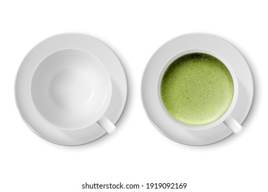 Vector 3d Cerámica Realista de Café Blanco Porcelana Cerámica Mug, Taza y Saucer Aislados sobre fondo blanco. Mug vacía, Matcha de espuma de leche verde. Plantilla de diseño. Vista superior