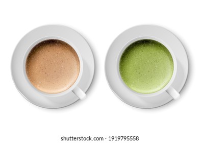 Vector 3d Realistic Ceramic White Coffee Porcelain Ceramic Mug, Cup, Saucer Set Closeup Isolated on White Background. Brown, Green Milk Foam, Latte, Capuccino, Mocha, Matcha. Design Template. Top View