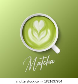 Vector 3d Realistic Ceramic White Porcelain Ceramic Coffee Mug, Cup Closeup Isolated on Green Background. Green Milk Foam Matcha, Flower, Heart Pattern. Design Template. Top View