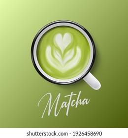 Vector 3d Realistic Ceramic White Metal Enamel Coffee Mug, Cup Closeup Isolated on Green Background. Green Milk Foam Matcha. Flower, Heart Pattern. Design Template. Top View