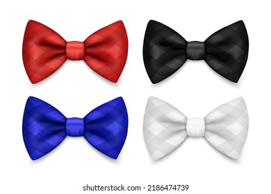 El Vector 3d Realista Aislado De Icono De Ataque De Balancín Negro, Blanco, Rojo, Azul. Tazón De Seda Glossy, Caballero. Mockup, plantilla de diseño. Bow Tie for Man. Moda masculina, feriado por el día del padre