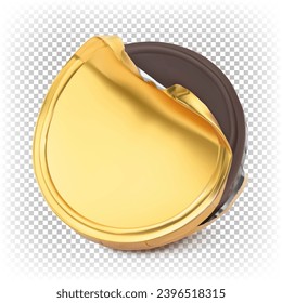 Vector 3D realistic chocolate coin unwrapped in gold foil. Illustration isolated on white background.