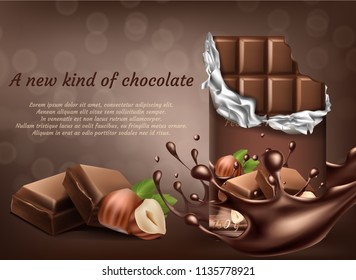 Vector 3d realistic chocolate with hazelnut ad poster, banner with liquid splashing drops. Brown delicious bars in package. Cocoa tasty product, yummy dark dessert. Mock up of packaging