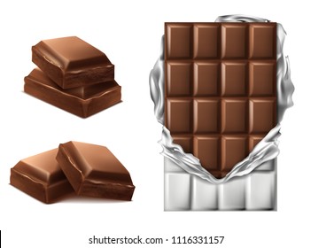 Vector 3d realistic chocolate pieces. Brown delicious bar in torn foil packaging and chocolate slices, mock up, package template, design element. Cocoa tasty product, yummy dark and milk dessert.