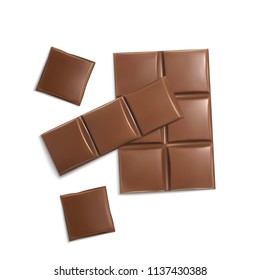 Vector 3d realistic chocolate pieces. Brown delicious bars for packaging mock up, package template. Cocoa tasty product, yummy dark dessert. Design element