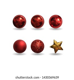 Vector 3d realistic Christmas balls and golden star, set of new year and winter holidays elements, isolated on white background. For poster, banner, logo, greeting card, new year party invitatation