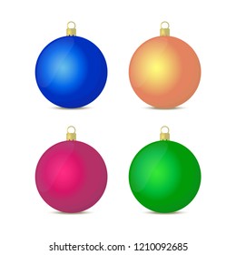 Vector 3d realistic Christmas decoration - glass balls in different colors. Shiny spheres with shadows isolated on white background. Xmas objects.