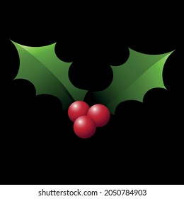 Vector 3D Realistic Christmas Holly Berries and Christmas Holly Leaves. Isolated on black background. Easy to use in graphic design for multiple uses. Happy New Year and Merry Christmas. 