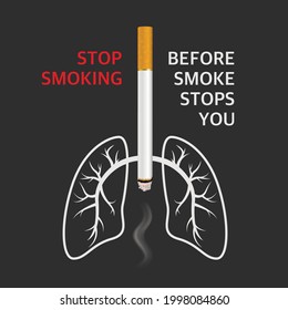 Vector 3d Realistic Cigarette, Lungs, Smoke and Quote on Black Background. May 31st World No Tobacco Day. No Smoking Day Awareness. Stop Smoking Campaign, Concept