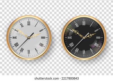 Vector 3d Realistic Classic Metal Golden Wall Office Clock Icon Set Closeup Isolated on Transparent Background. White and Black Dial with Roman Numeral. Design Template for Mockup. Front View.