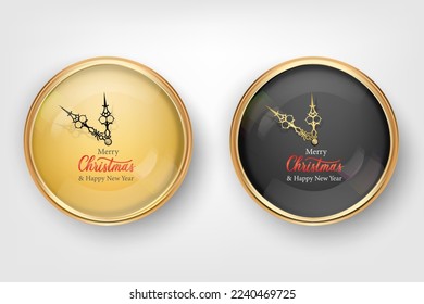 Vector 3d realistic classic metal gold wall clock with Christmas greetings. Foreground.