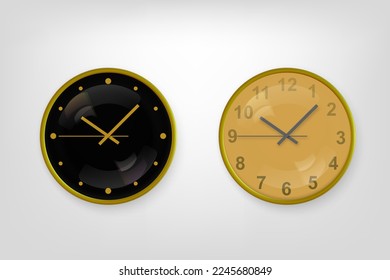 Vector 3d Realistic Classic Metal Golden Wall Office Clock Icon Set Closeup Isolated on Transparent Background. 