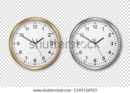 Vector 3d Realistic Classic Metal Silver Wall Office Clock Icon Set Closeup Isolated on Transparent Background. White and Black Dial. Design Template for Mockup. Front or Top View