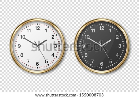 Vector 3d Realistic Classic Metal Golden Wall Office Clock Icon Set Closeup Isolated on Transparent Background. White and Black Dial. Design Template for Mockup. Front or Top View