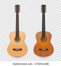 Vector 3d Realistic Classic Old Retro Acoustic Brown Wooden Guitar Icon Set Closeup Isolated on Transparent Background. Design Templte, Mockup, Clipart. Musical Art Concept