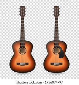 Vector 3d Realistic Classic Old Retro Acoustic Brown Wooden Guitar Icon Set Closeup Isolated on Transparent Background. Design Templte, Mockup, Clipart. Musical Art Concept