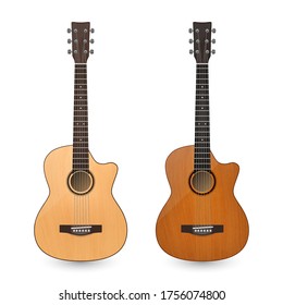 Vector 3d Realistic Classic Old Retro Acoustic Brown Wooden Guitar Icon Set Closeup Isolated on White Background. Design Templte, Mockup, Clipart. Musical Art Concept