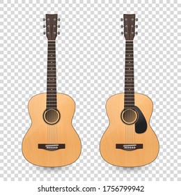 Vector 3d Realista Clásico Antiguo Retro Acústico Icono de Guitarra Marrón De Madera Aislado en Fondo Blanco. Plantilla de diseño, Mockup, Clipart. Concepto de arte musical