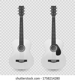 Vector 3d Realistic Classic Old Retro Acoustic White Wooden Guitar Icon Set Closeup Isolated on Transparent Background. Design Templte, Mockup, Clipart. Musical Art Concept