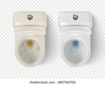 Vector 3d Realistic Clean, Dirty White Ceramic Toilet Set Isolated. Opened Toilet Bowl with Lid. Plumbing, Mockup, Design Template for Interior, Cleaning, Hygiene Concept. Top View