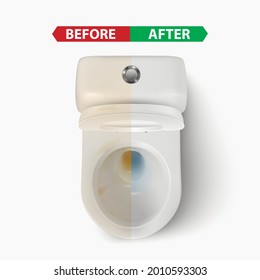 Vector 3d Realistic Clean and Dirty White Ceramic Toilet in Toilet Room. Before, After. Opened Toilet Bowl with Lid. Plumbing, Mockup, Design Template for Interior, Cleaning, Hygiene Concept. Top View