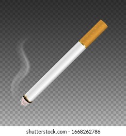 Vector 3d Realistic Clear Blank Whole Lit Cigarette with Smoke Icon Closeup Isolated on Transparent Background. Design Template. Smoke Problem Concept, Tobacco, Cigarette Mockup