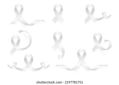 Vector 3d Realistic Clear White Ribbon Set. Lung Cancer Awareness Symbol Closeup. Cancer Ribbon Template. World Lung Cancer Day Concept